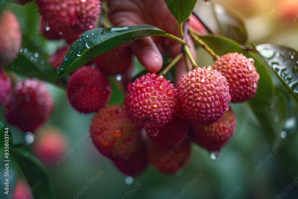 A hand is reaching for a cluster of red fruit A hand is reaching for a cluster of red fruit