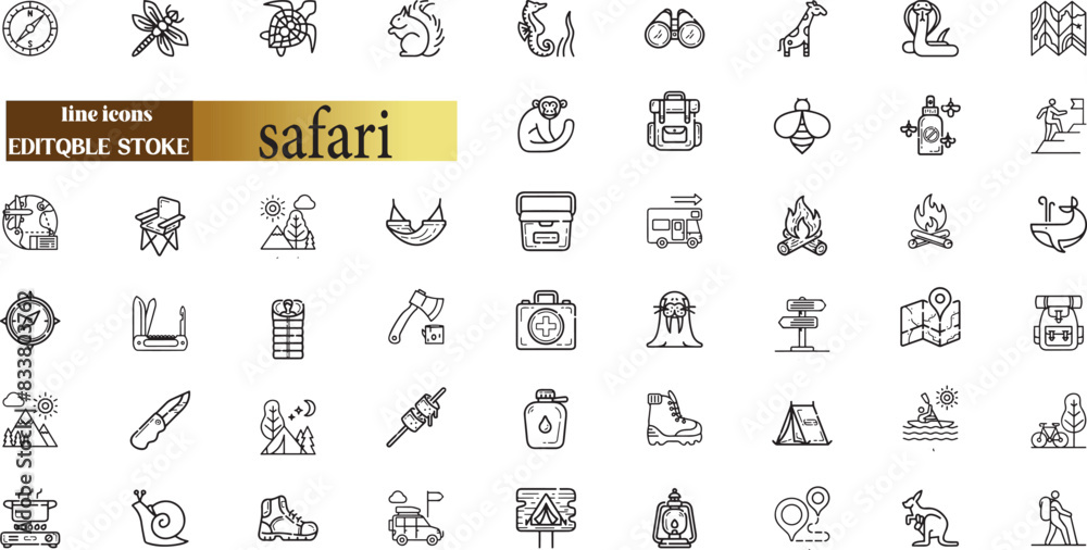 safari line web icons. African Animals, ecotourism activities. national parks. Editable stroke.