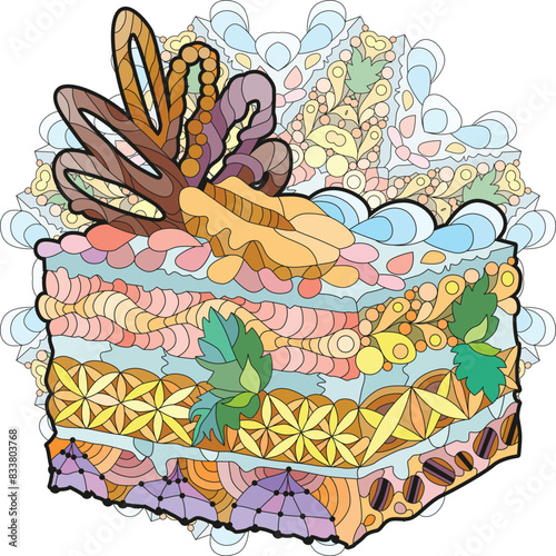 Vector piece of cake with abstract ornaments on a patterned round substrate..