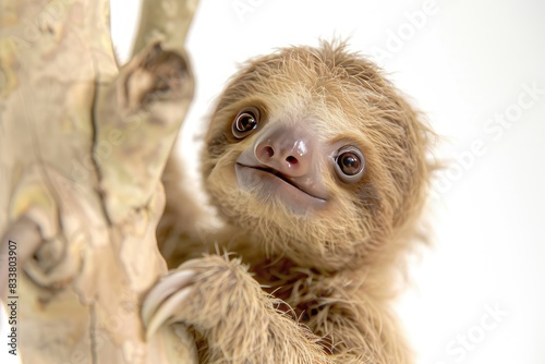 Adorable baby sloth hanging from a branch isolated on white background photo