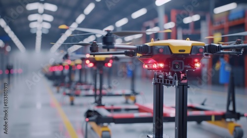 A line of industrial drones being assembled in a high-tech factory, ready for deployment in various aerial applications.