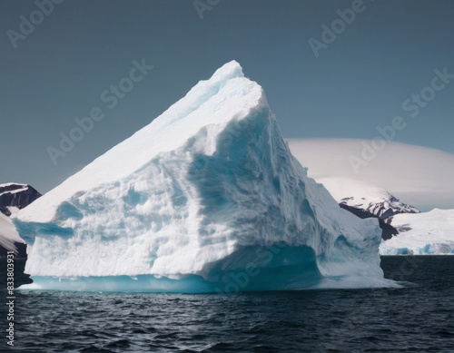 Un iceberg a forma di piramide emerge maestoso dall'acqua, con linee nette e imponenti. photo