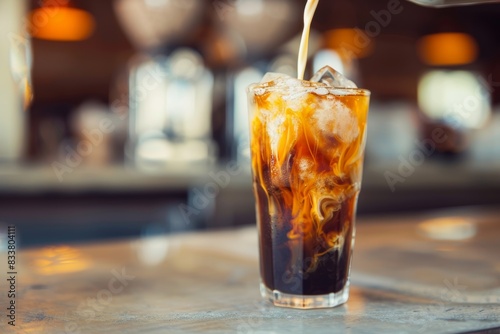 Iced Coffee Drink with Cream Pouring in Glass on Cafe Counter