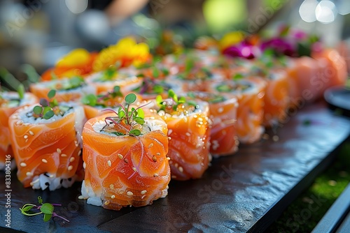 A photo of sashimi rolls made from sushi paper, wrapped around raw meat and fish slices, with micro greens on top