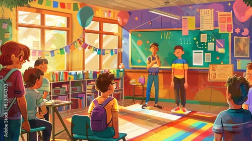 An illustration of a school setting where children are being taught about LGBTQ+ history and acceptance, with rainbow-themed educational materials and inclusive posters
