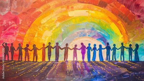 13. An illustration of a diverse group of people holding hands in a circle, symbolizing unity and equality, with a large rainbow flag waving in the background