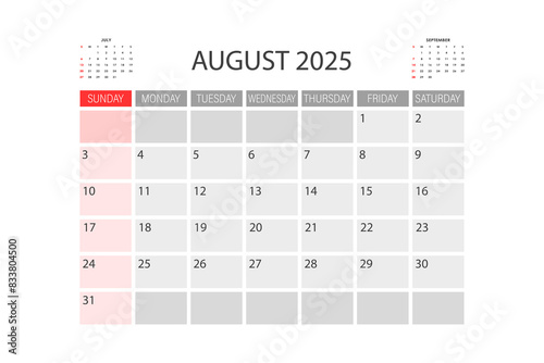 Calendar for August 2025. The week starts on Sunday.