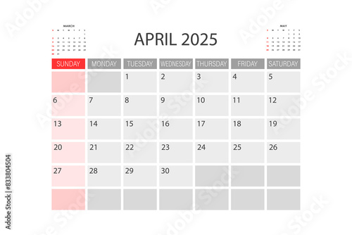 Calendar for April 2025. The week starts on Sunday.