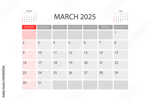 Calendar for March 2025. The week starts on Sunday.