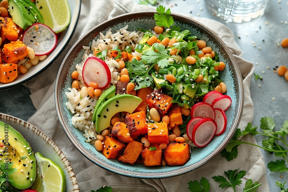 A photo of two bowls with vibrant, colorful meal compositions on a white tablecloth A photo of two bowls with vibrant, colorful meal compositions on a white tablecloth