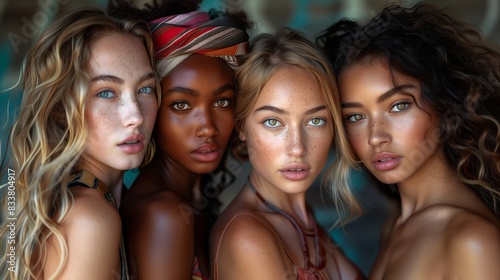 Four girls of different ethnicities in swimsuits standing next to each other. They have light skin with freckles, and one girl with dark skin wears a bright striped scarf on her head. © AndreyFrol