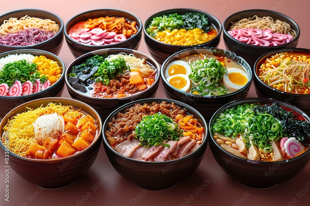 A variety of ramen bowls filled with different types of ingredients, showcasing the diversity in ceramic bowl designs for Japanese food presentation. A variety of ramen bowls filled with different types of ingredients, showcasing the diversity in ceramic bowl designs for Japanese food presentation.