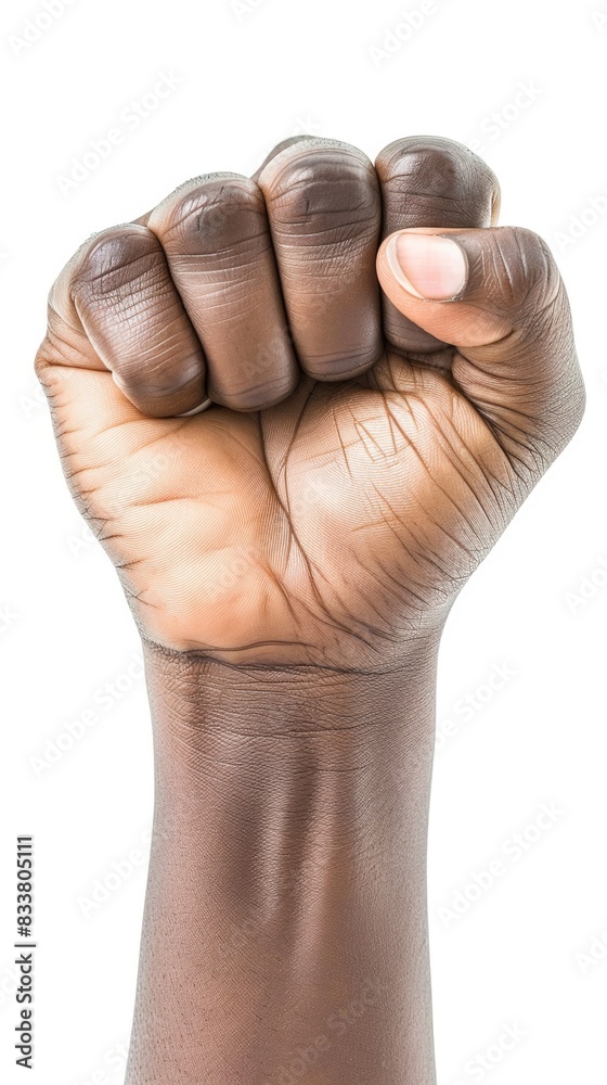 Powerful dark-skinned adult fist raised in solidarity Powerful dark-skinned adult fist raised in solidarity