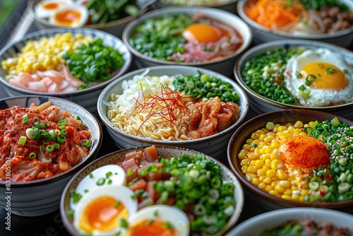 A variety of ramen bowls filled with different types of ingredients, showcasing the diversity in ceramic bowl designs for Japanese food presentation.