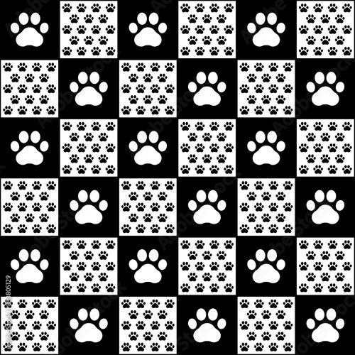 Seamless pattern paw print of a dog or cat. Black and white pet paws. Animal prints. Cute plaid. Repeating puppy footprints background. Canine footprint design. Repeated backdrop. Vector illustration