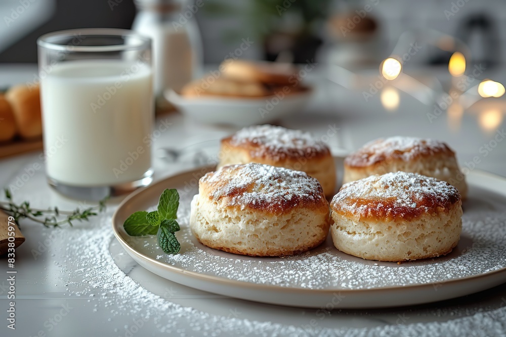 A plate of powdered donuts sits on a table next to a glass of milk