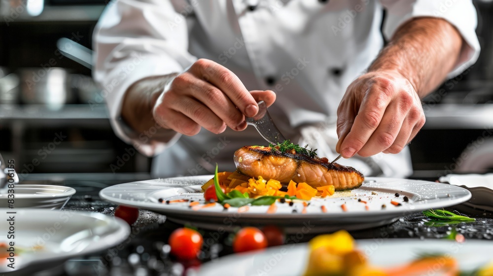 Chef Preparing a Gourmet Dish: a close-up of a chef's hands carefully plating a gourmet dish in a kitchen. Chef Preparing a Gourmet Dish: a close-up of a chef's hands carefully plating a gourmet dish in a kitchen.