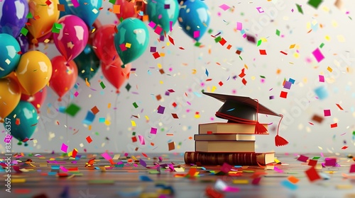Vibrant and Festive Graduation Background with Colorful Confetti and Balloons. A Stack of Books with Graduation Cap and Diploma on Polished Wooden Surface, Transitioning to Whitespace for Additions
