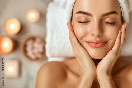 Relaxed Woman Enjoying Spa Treatment with Candles Glowing in Background