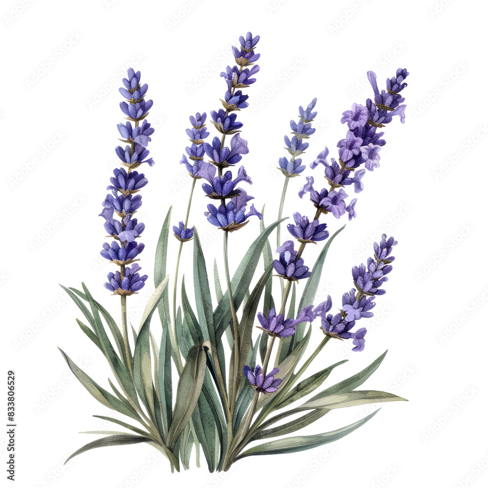 Fototapeta premium Bunch of lavender flowers isolated on white background in garden setting with tags