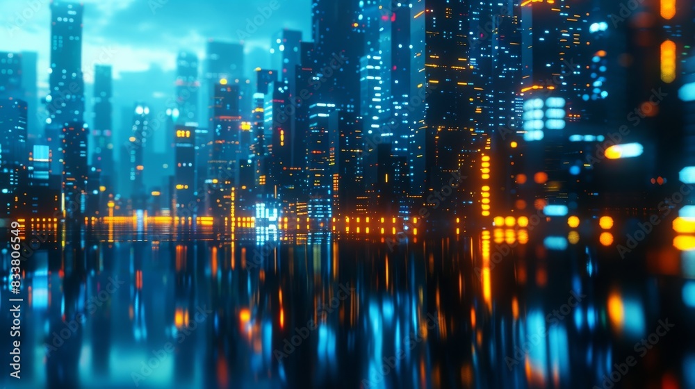 Craft a sleek, futuristic 3D rendering of a cityscape at night, reflecting neon lights on gleaming skyscrapers Craft a sleek, futuristic 3D rendering of a cityscape at night, reflecting neon lights on gleaming skyscrapers