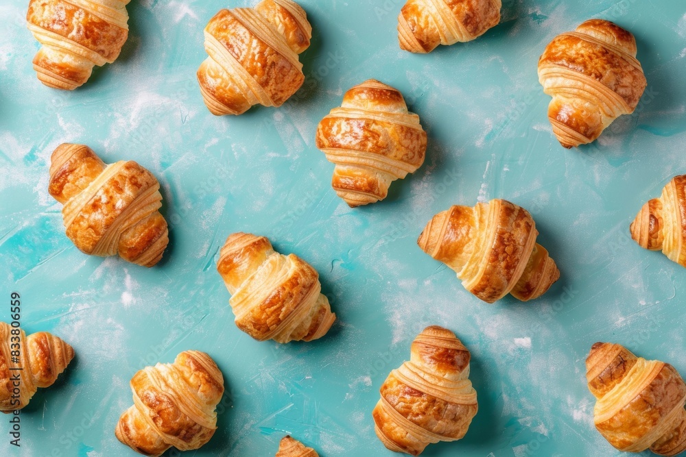 Croissants on a textured turquoise background highlighting fresh pastries
