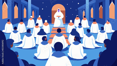 The sound of soft chanting fills the quiet church as individuals dressed in flowy white clothing focus on their inner selves during a guided. Vector illustration
