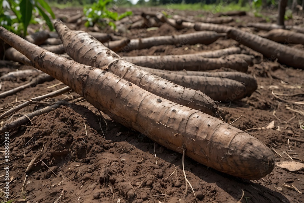 Close-up image of a bunch of cassava on the ground. Farmers harvest cassava plants in rice fields during the day. Cassava is a tuber plant that grows widely in Indonesia Close-up image of a bunch of cassava on the ground. Farmers harvest cassava plants in rice fields during the day. Cassava is a tuber plant that grows widely in Indonesia