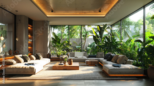 Natural shade living room of a house resort by tropical lush jungle