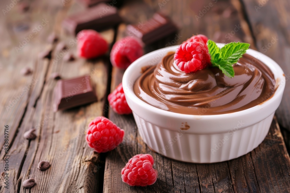 Chocolate mousse dessert with raspberries and mint on rustic wooden table Chocolate mousse dessert with raspberries and mint on rustic wooden table