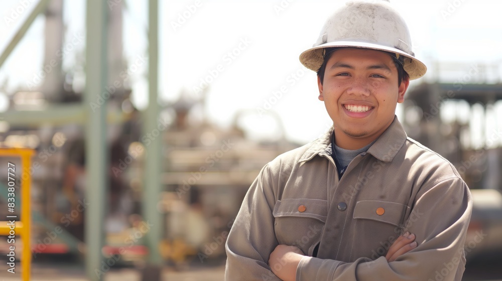Smiling Industrial Worker Wearing Safety Helmet, Native American, Emphasizing Safety and Labor, Ideal for Occupational and Workplace Themes Smiling Industrial Worker Wearing Safety Helmet, Native American, Emphasizing Safety and Labor, Ideal for Occupational and Workplace Themes