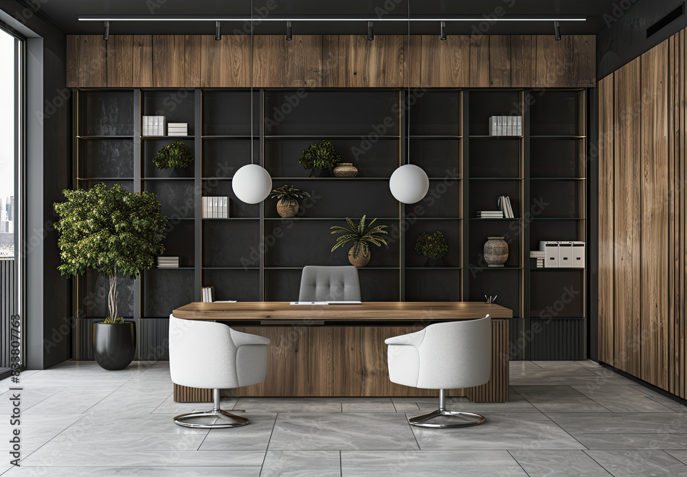 Modern Office Room with Dark Wood and Black Wall, Luxury Office Design ...