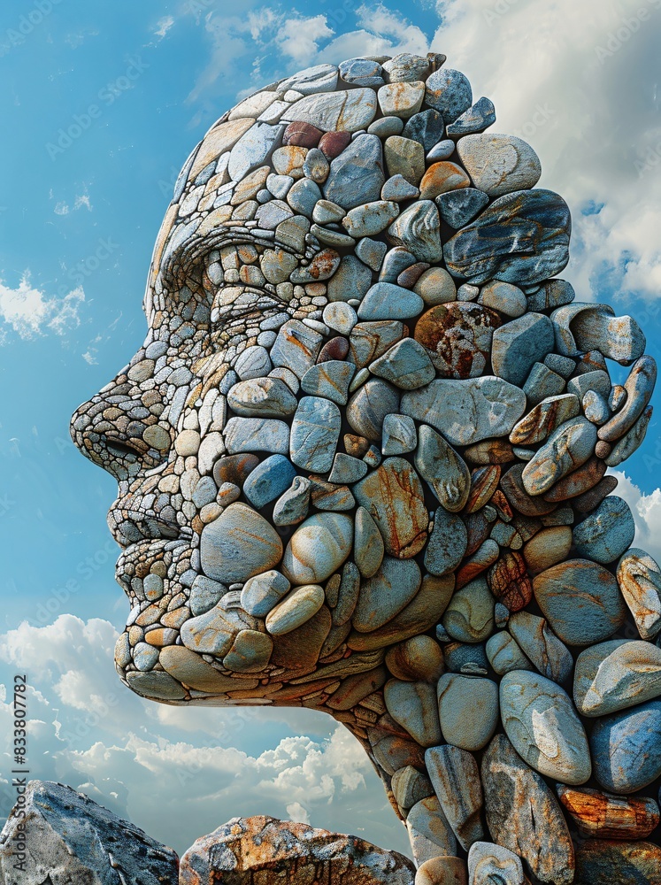 Colorful pebble sculpture of a human head in profile set against a cloudy blue sky Colorful pebble sculpture of a human head in profile set against a cloudy blue sky