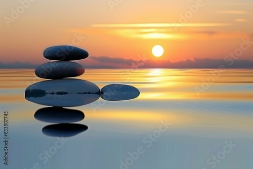 Zen Stones in Sunset Over Calm Ocean
