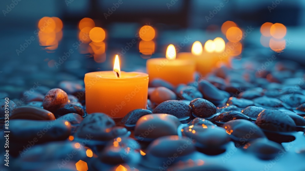 Relaxing Spa Scene with Candles: Illustrate a close-up of lit candles and smooth stones in a relaxing spa setting. Relaxing Spa Scene with Candles: Illustrate a close-up of lit candles and smooth stones in a relaxing spa setting.