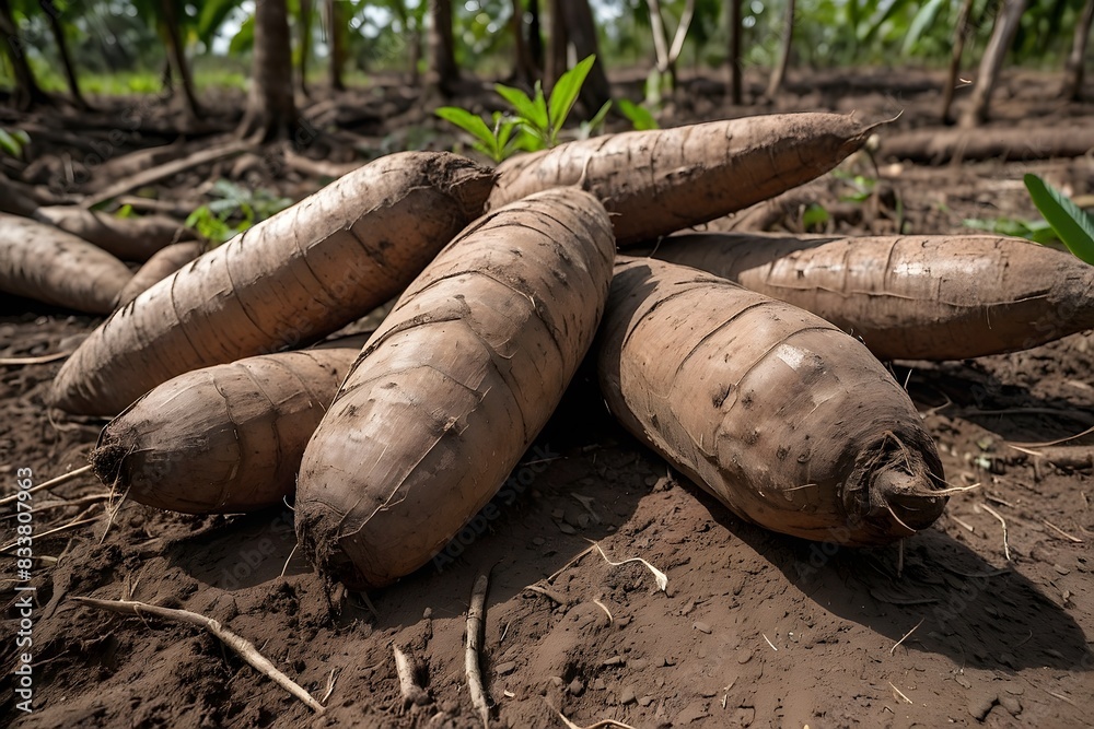 Close-up image of a bunch of cassava on the ground. Farmers harvest cassava plants in rice fields during the day. Cassava is a tuber plant that grows widely in Indonesia