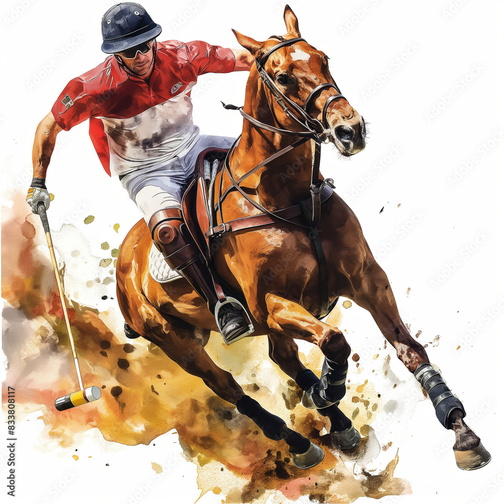 Fototapeta premium Polo Player in Action, Dynamic Mood, Watercolor Style, Equestrian Sport Concept