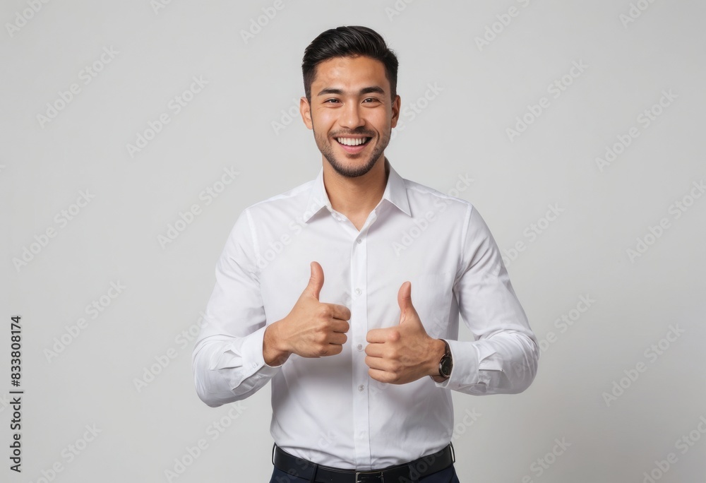 A man with a beard, smiling and giving two thumbs up, dressed in a formal white shirt. Studio shot with a grey background. A man with a beard, smiling and giving two thumbs up, dressed in a formal white shirt. Studio shot with a grey background.