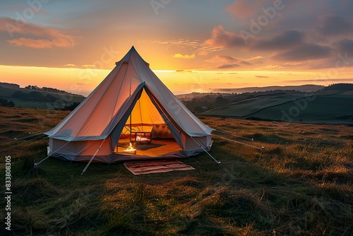 Glamping bell tent at night  sunset  beautiful sky  surrounded by fields and moors in the uk