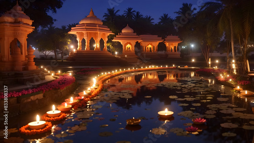 Diwali decoration with diya lamp featuring natural view likes pond and temple