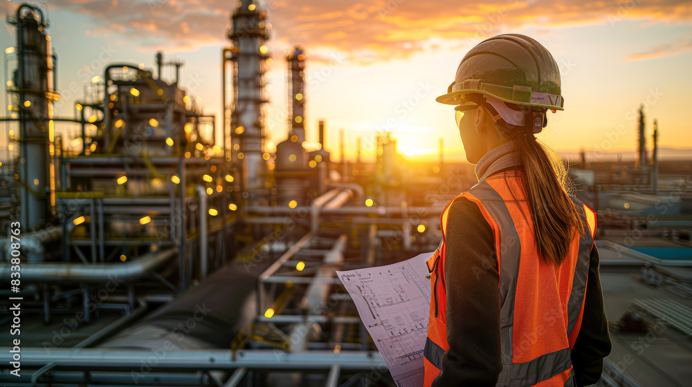 Leading with Precision Woman in Industrial Safety Gear at Chemical Plant During Sunset Leading with Precision Woman in Industrial Safety Gear at Chemical Plant During Sunset