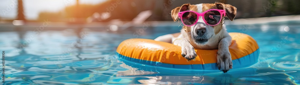 A cute dog wearing pink sunglasses floats on an inflatable raft in a ...
