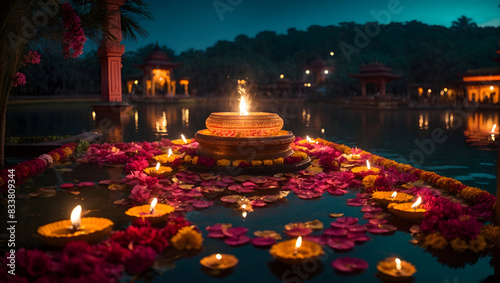 Diwali decoration with diya lamp featuring natural view likes pond and temple © gfxsunny