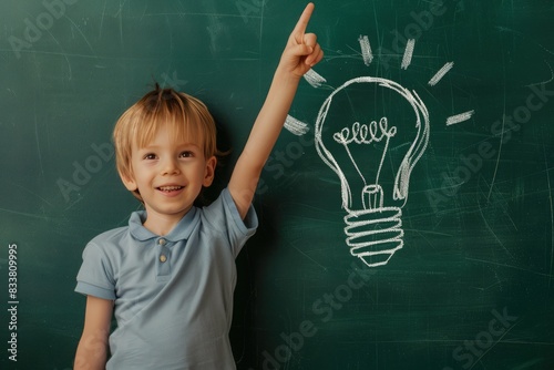 cute little toddler boy with curious and thoughtful face expression standing in front of the green blackboard with question mark drawings. Thinking of an idea,lightbulb glowing