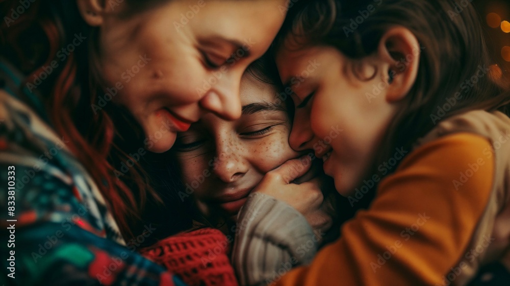 Mom and daughters hug Mom and daughters hug