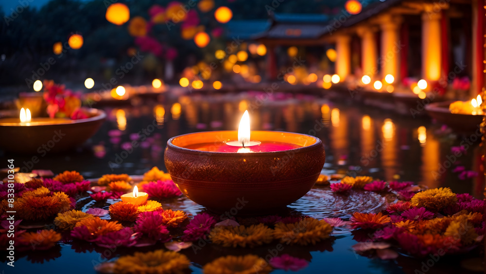 Obraz premium Diwali decoration with diya lamp featuring natural view likes pond and temple
