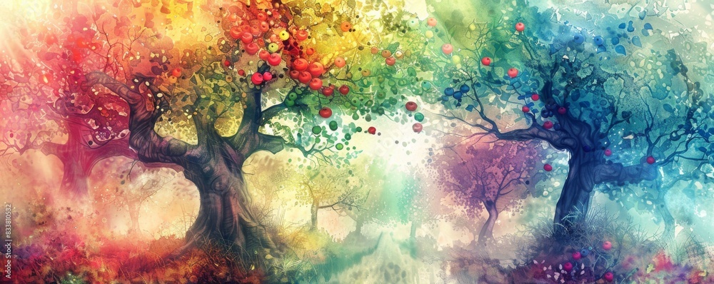 Depict the concept of Imagination at work in a watercolor masterpiece Show a magical forest where every tree bears the fruits of creative thoughts Depict the concept of Imagination at work in a watercolor masterpiece Show a magical forest where every tree bears the fruits of creative thoughts