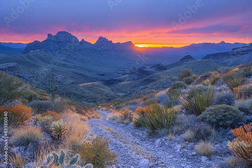 A beautiful landscape photograph of the saguaro mountains in arizona at sunset  with cacti and shrubs  