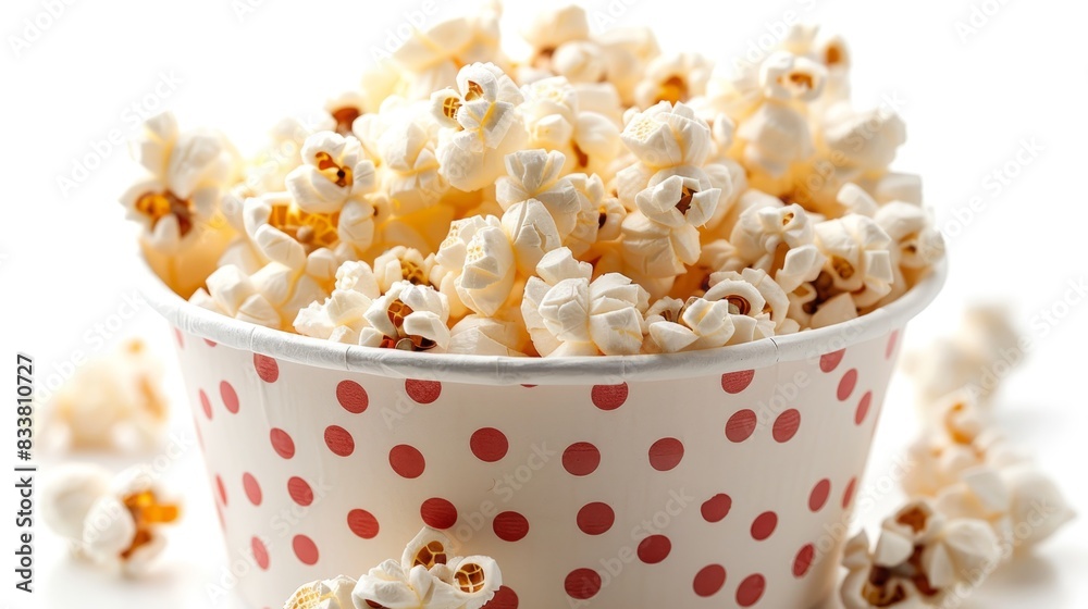 paper bucket overflowing with popcorn, perfect for a party, isolated on a white background. paper bucket overflowing with popcorn, perfect for a party, isolated on a white background.