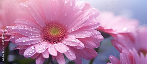 Pink Aster flower and daisy with dew drops on petals showcased in a close-up copy space image.